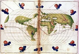 Globe Prints: World map of route taken by Ferdinand Magellan (c1480-1521) when he led first circumnavigation of the globe 1519-21