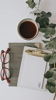 Notebook Prints: Writing accessories and drink in mug on white background