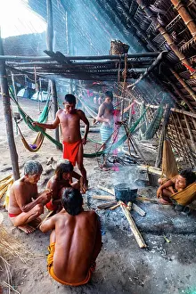 Medium Group Of People Prints: Yanomani tribal people in their traditional Shabono