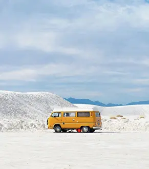 Adventure Prints: Yellow RV Camper Van In White Sands National Monument, New Mexico