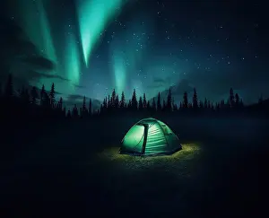 Tent Prints: Yellow Tent Under Northern Lights - Generative AI