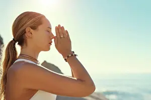 Mind Prints: Yoga, prayer hands and woman by sea for wellness