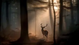Deer Prints: Young beautiful deer in a sunrise and misty forest