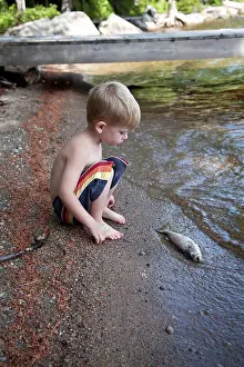 Ghic Prints: Young Boy Looking at Dead Fish at Edge of Lake