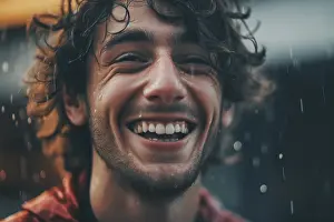 Expressive Prints: Young cheerful man head shot under the rain. Generative AI