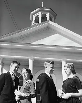 Shirt And Tie Prints: Two young couples standing in front of church