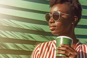 Beverage Prints: Young dark skin woman enjoying coffee under sunlight. Generative AI