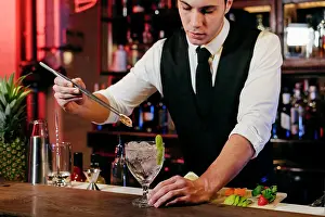 Beverage Prints: Young elegant barman working behind a bar counter mixing drinks with fruits