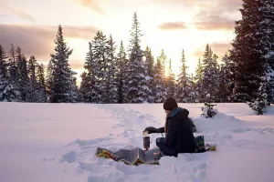 Woody Plant Prints: Young female making dinner while winter camping at sunset