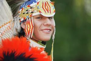 Fancy Prints: Young First Nations man from the Blackfoot Blood in a Men´s Fancy Dance outfit, Canada