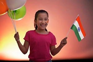 Independence Day Prints: young girl holding flag and balloons, independence day