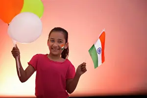 Independence Day Prints: young girl holding flag and balloons, independence day