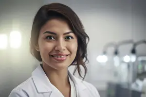 Innovation Prints: Young latin female scientific in laboratory. Generative AI
