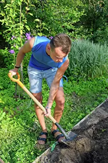 Video Prints: A young man digging a flower bed on the plot A young man digging a flower bed on the plot