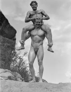 Muscular Prints: Two Young Men Playful On the Rocks c.1949