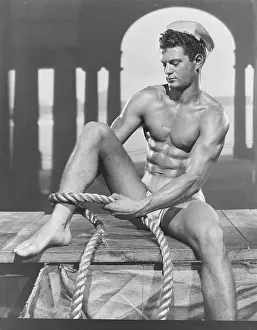 Sailor Prints: Young Nude Sailor with Rope on Dock c.1952