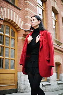 Chic Prints: Young style fashion woman in red jacket in city