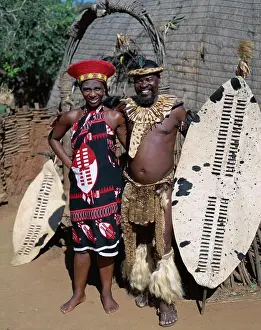 Jewellery Prints: Zulu couple dressed in traditional costumes, KwaZulu-Natal, South Africa